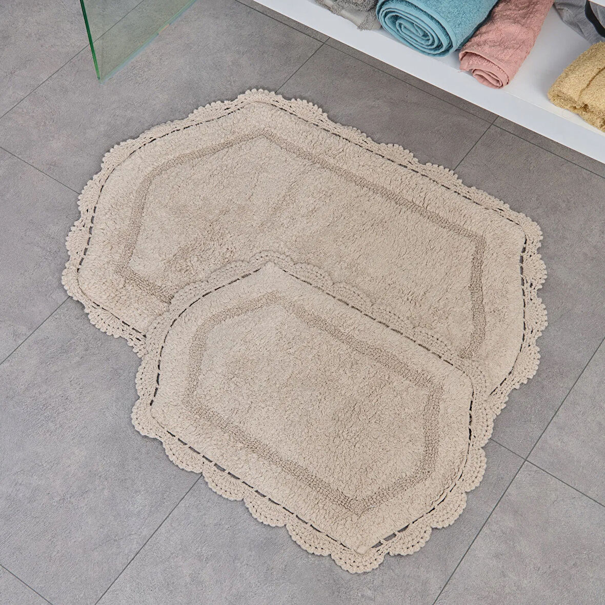 Soft Lace 2'li Banyo Paspası - Bej - 40x60 cm + 60x90 cm