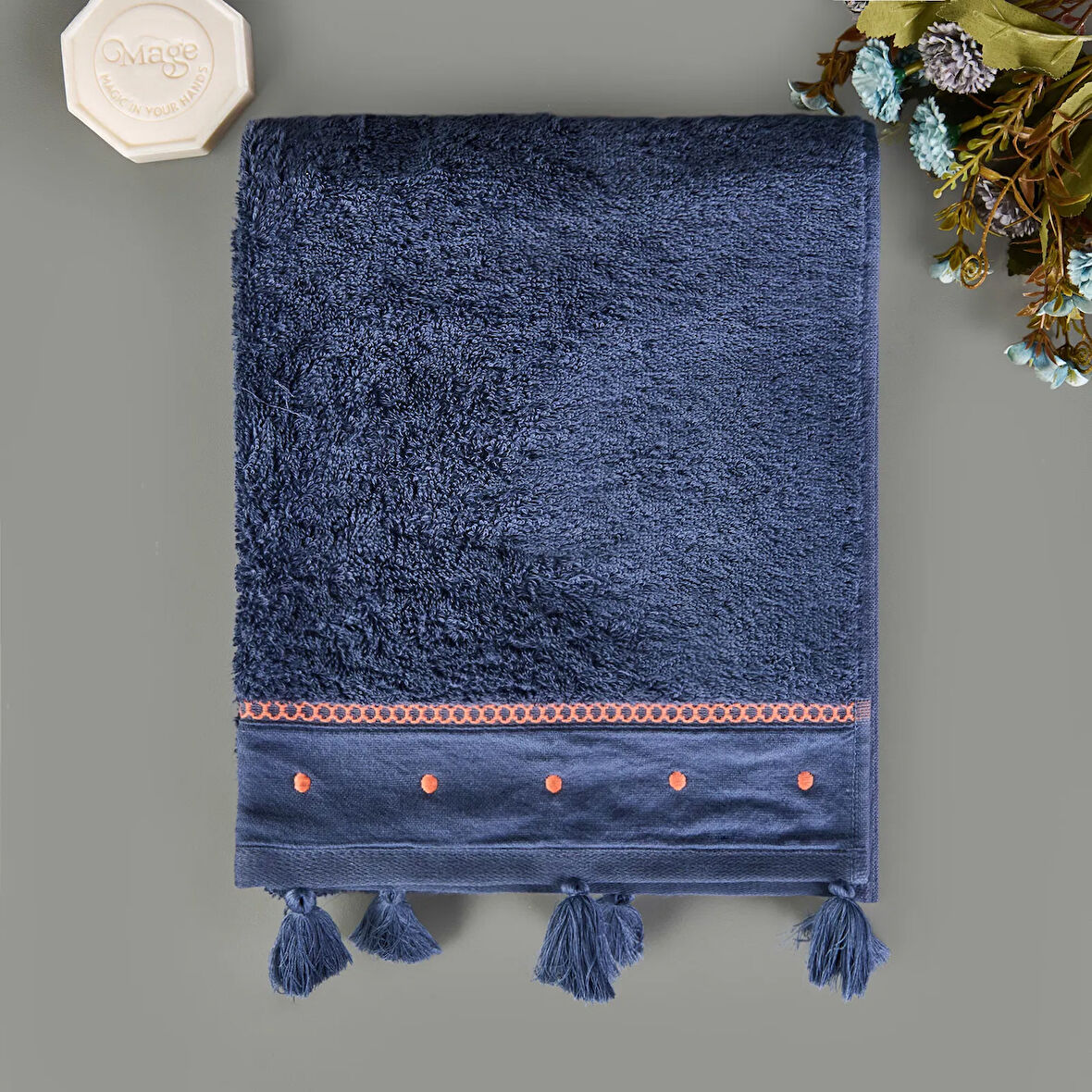 Soft Piene Yüz Havlusu - Lacivert / Kiremit - 50x90 cm