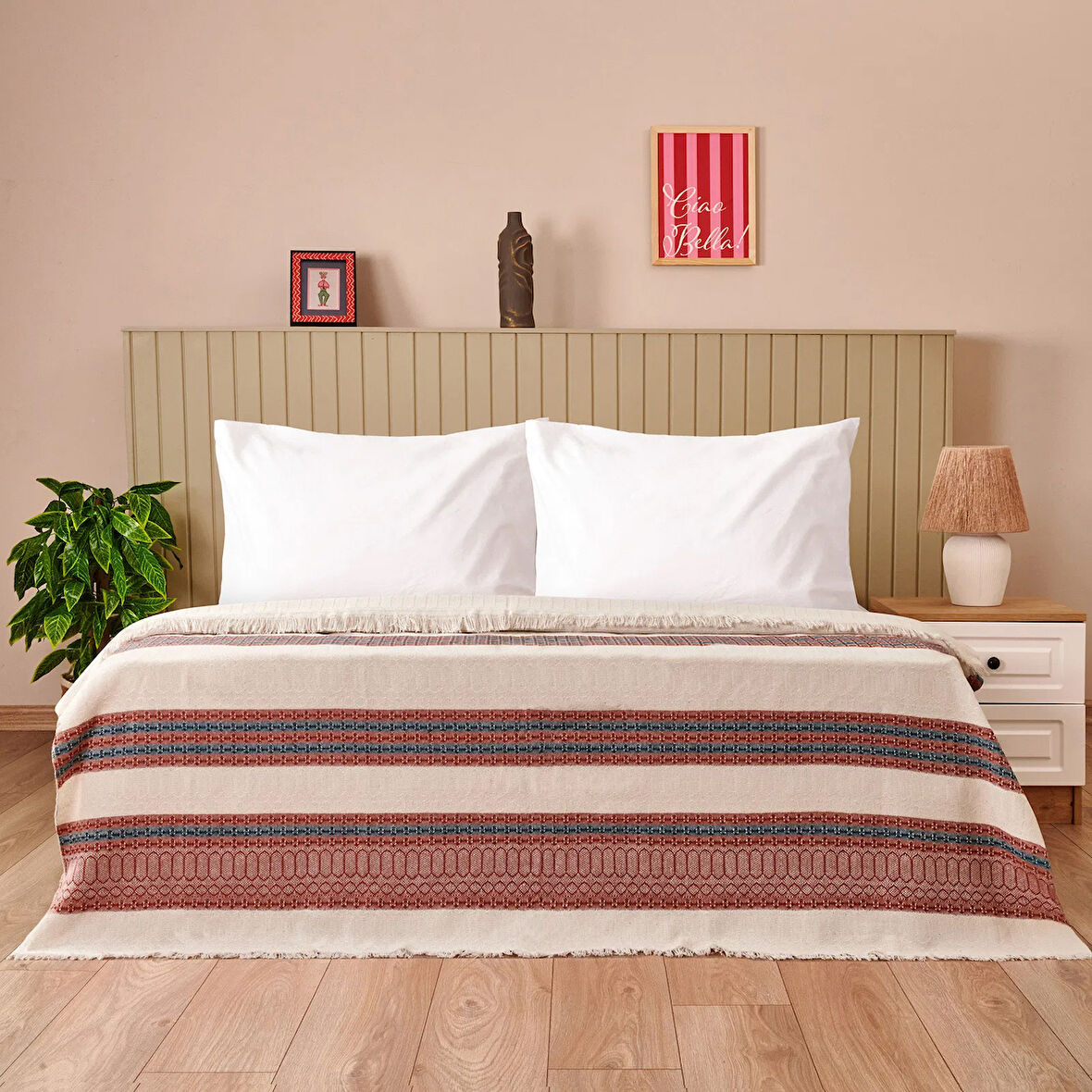 Soft Marun Çift Kişilik Yatak Örtüsü - Ekru / Kırmızı - 200x230 cm