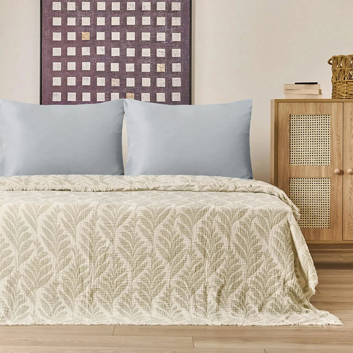 Soft Sardin Tek Kişilik Yatak Örtüsü - Ekru / Haki - 160x220 cm