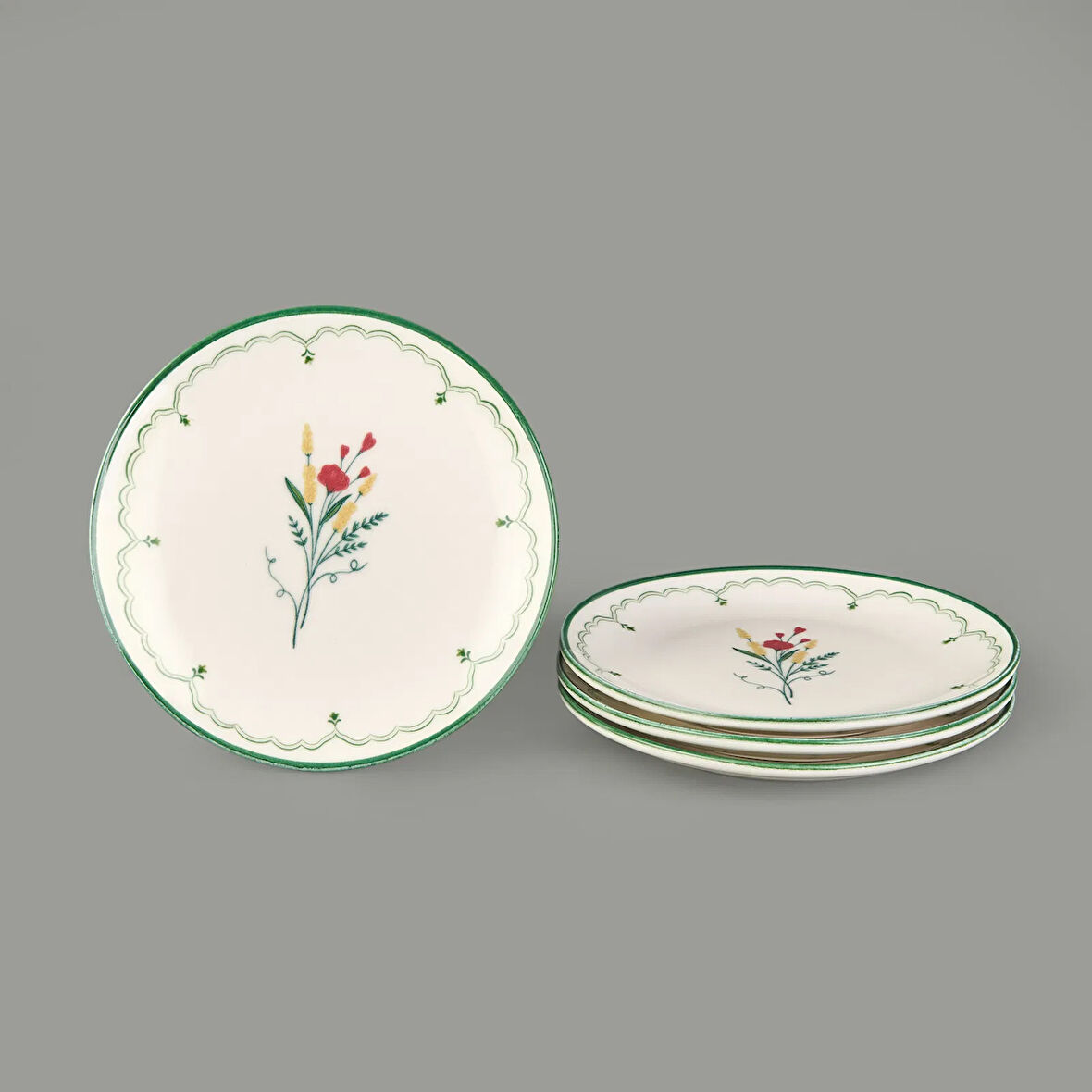 Ebru 4'lü Porselen Tatlı Tabağı Seti - Renkli - 19 cm