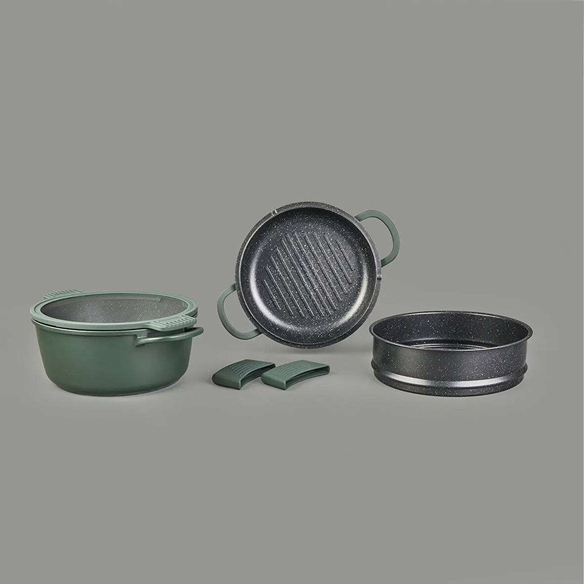 Pienza Alüminyum Tencere Seti - Yeşil / Siyah - 7 Parça