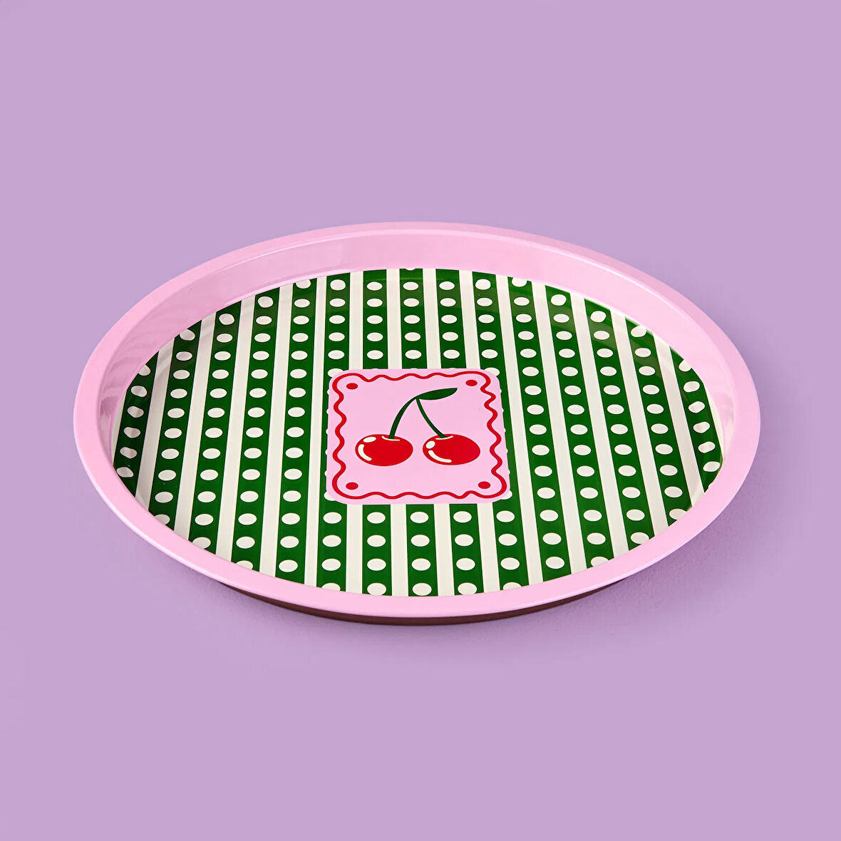 Cherry Desenli Yuvarlak Tepsi - Renkli - 35x35 cm