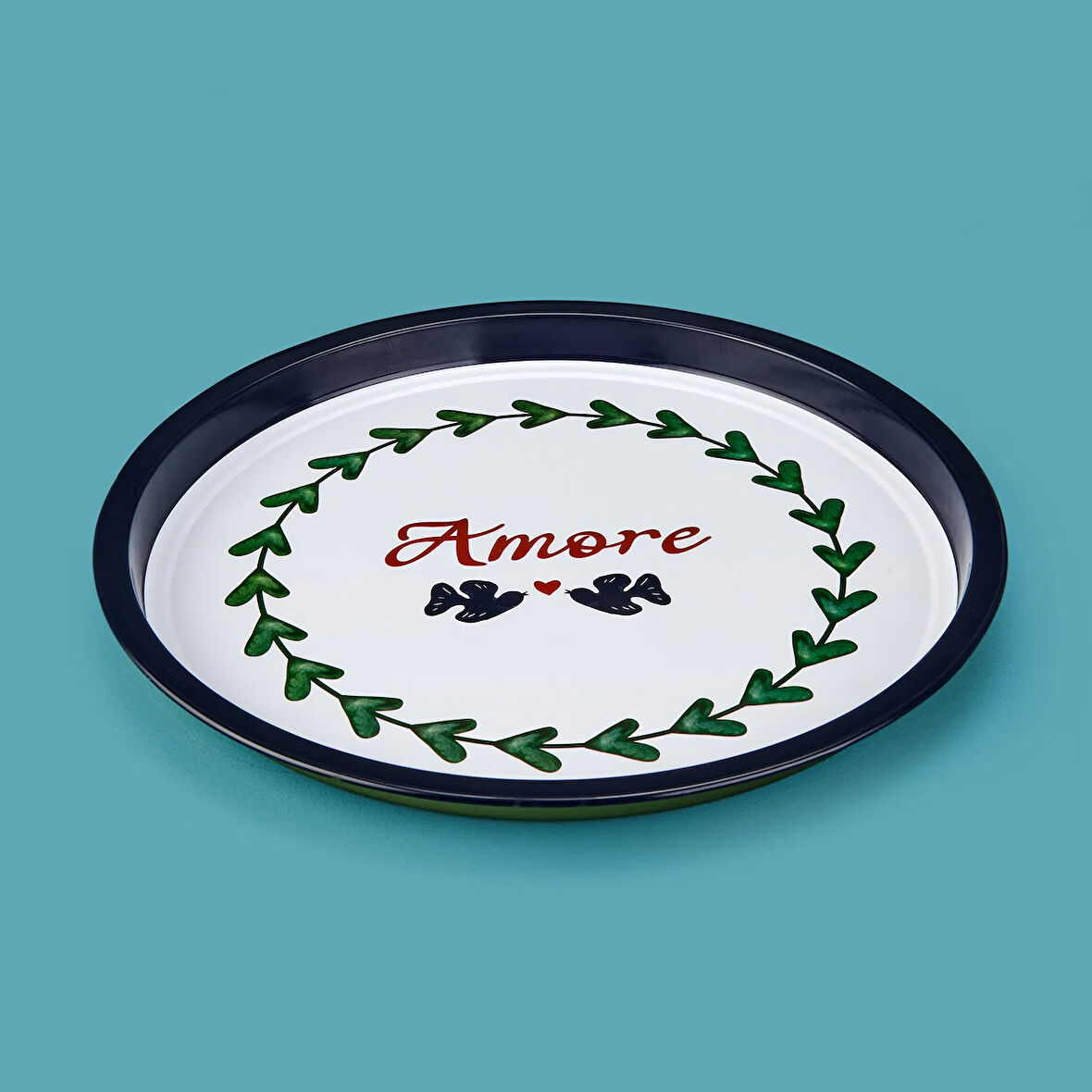 Amore Desenli Yuvarlak Tepsi - Renkli - 35x35 cm