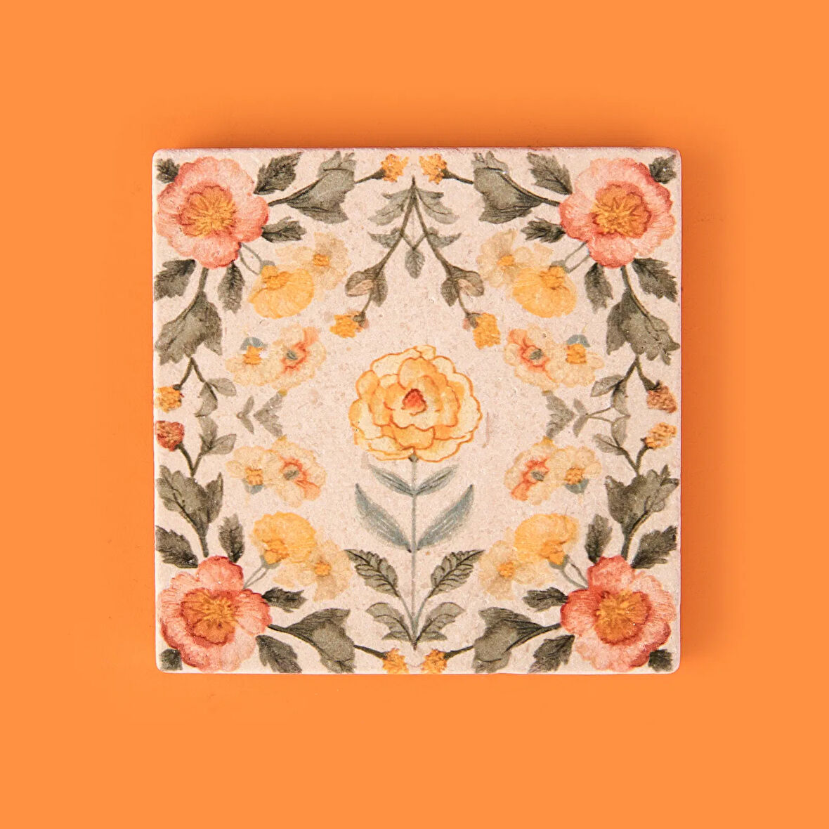 Kitchen Turuncu Çiçekli Taş Bardak Altlığı - Renkli - 10x10 cm
