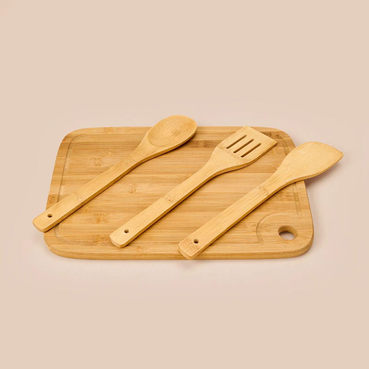 4 Parça Bambu Mutfak Seti - Açık Kahverengi - 36x26 cm + 30 cm