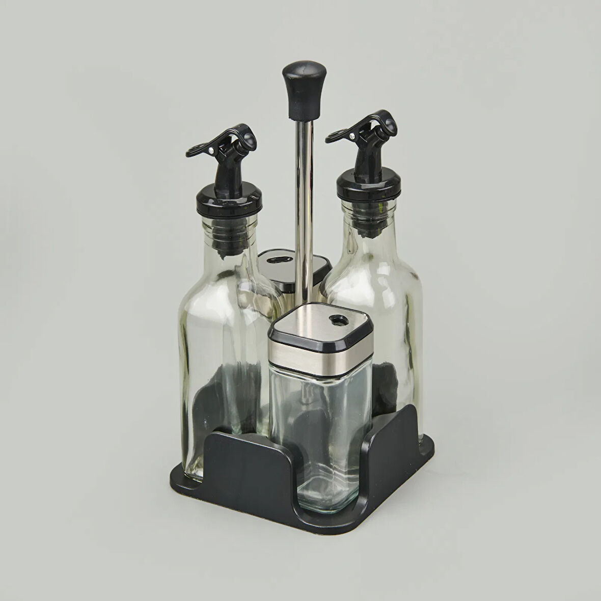 4'lü Cam Tuzluk Yağlık Sirkelik Seti - Şeffaf / Siyah