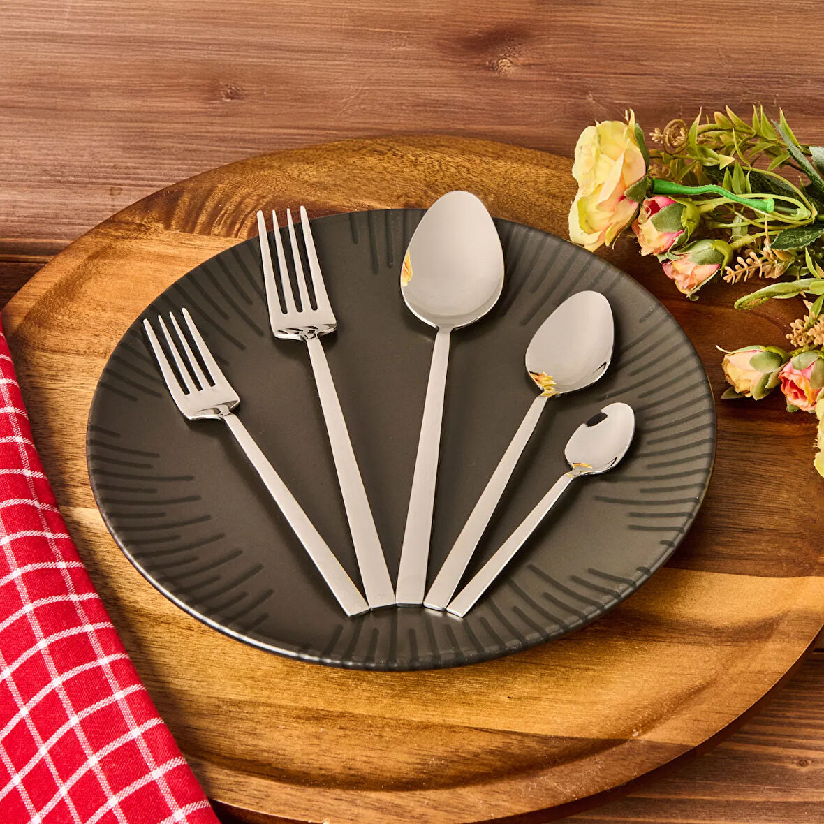 30 Parça Paslanmaz Çelik Çatal Kaşık Seti - Gri