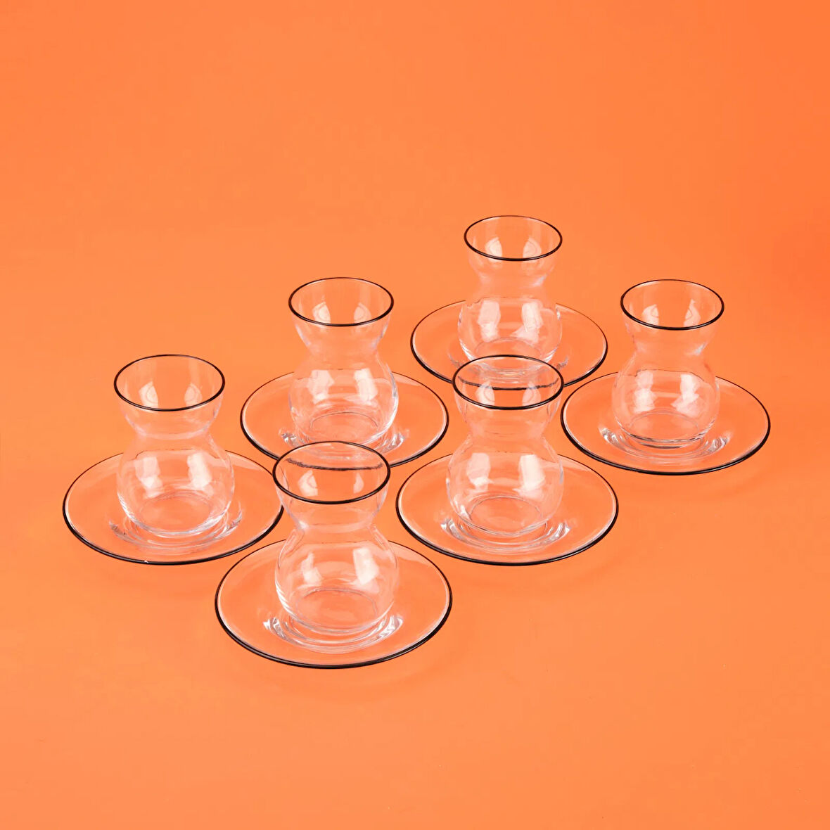 Pure Siyah Rimli 12 Parça Çay Bardak Takımı - Şeffaf / Siyah