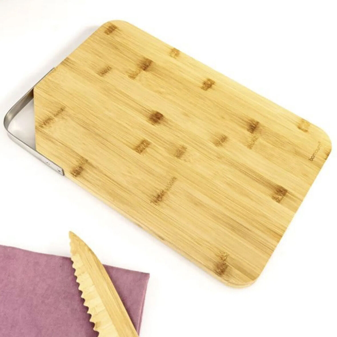 Zoe Paslanmaz Çelik Kulplu Dikdörtgen Kesme Tahtası - Açık Kahverengi - 38 cm