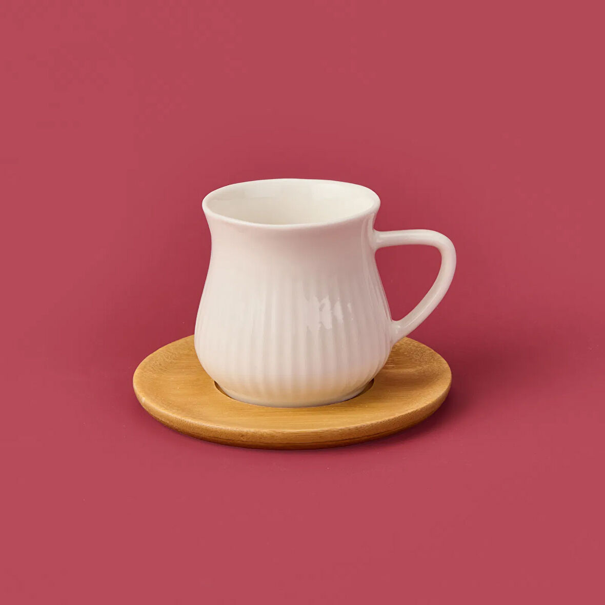 Bambu Tabaklı Çizgili Fincan Seti - Açık Kahverengi / Beyaz - 100 ml