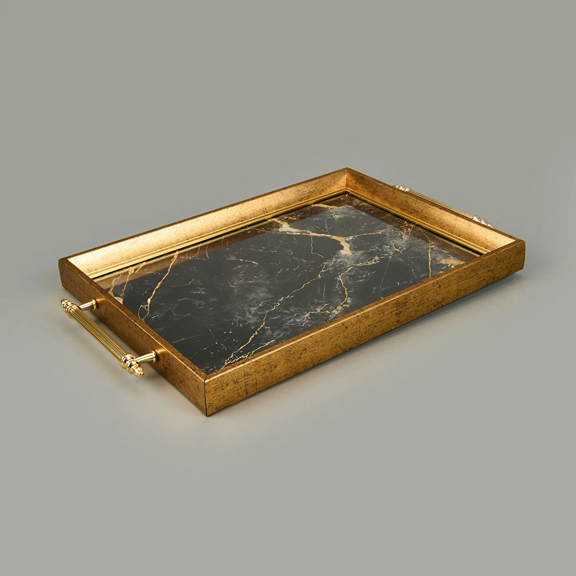 Kitchen Mermer Desenli Akrilik Tepsi - Siyah / Sarı - 49 cm