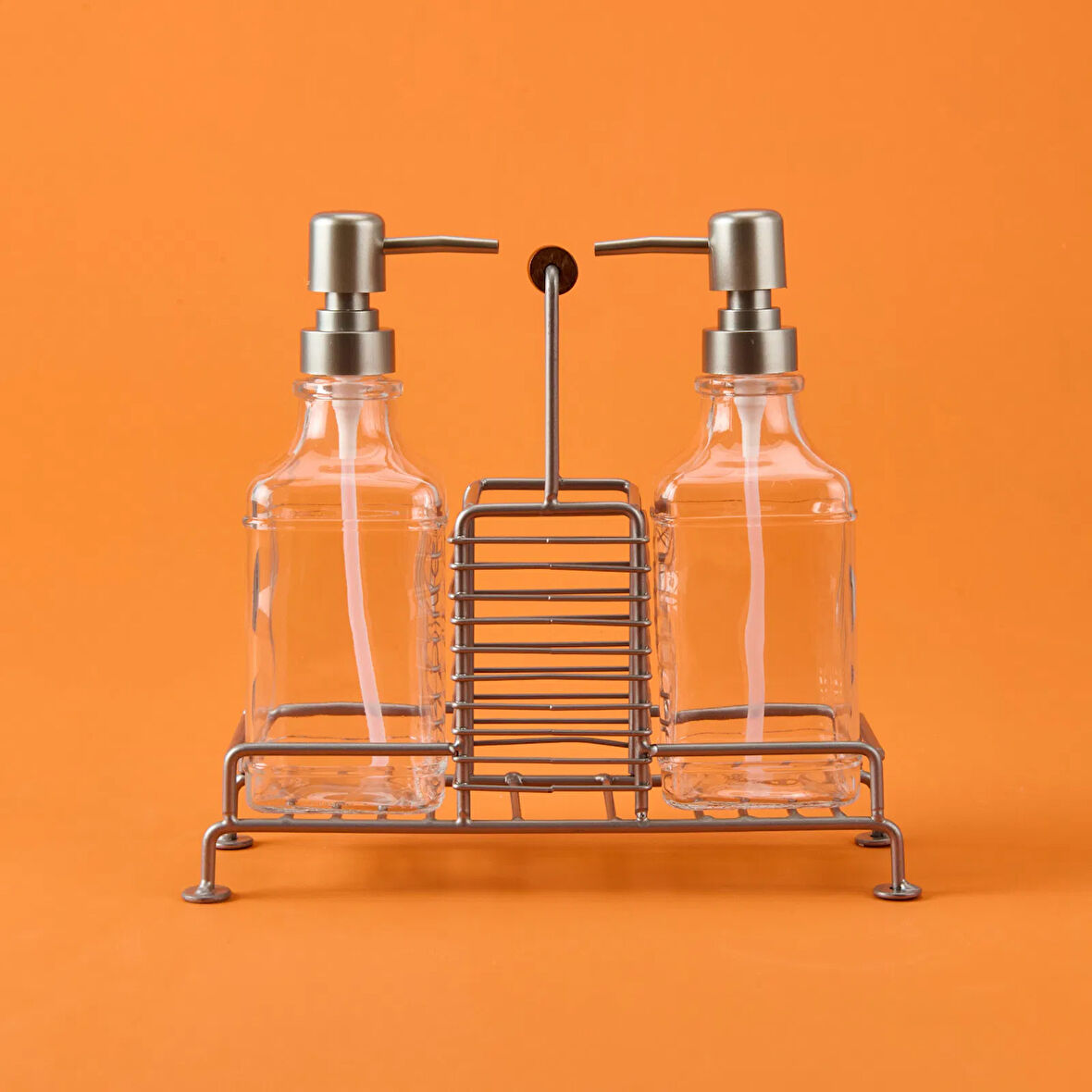 Bland 2'li Metal Stantlı Cam Sıvı Sabunluk - Şeffaf / Gri - 200 ml