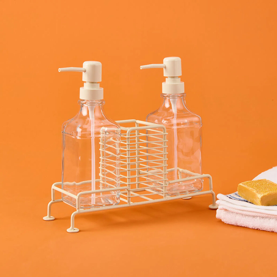 Cream 2'li Metal Stantlı Cam Sıvı Sabunluk - Şeffaf / Krem - 200 ml