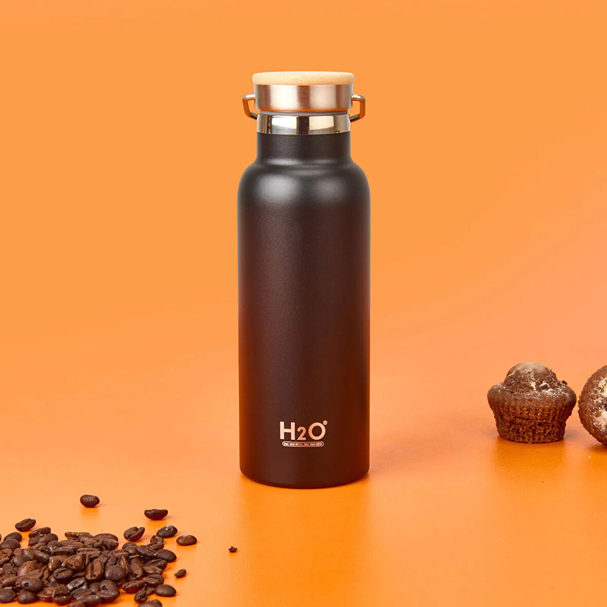 Bambu Kapaklı Çelik Termos - Siyah / Açık Kahverengi - 500 ml