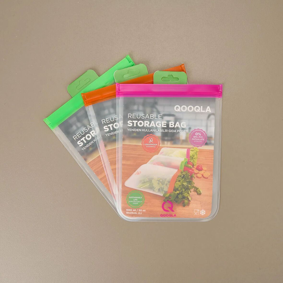 Yıkanabilir 3'lü Gıda Saklama Poşeti - Renkli - 19x25 cm