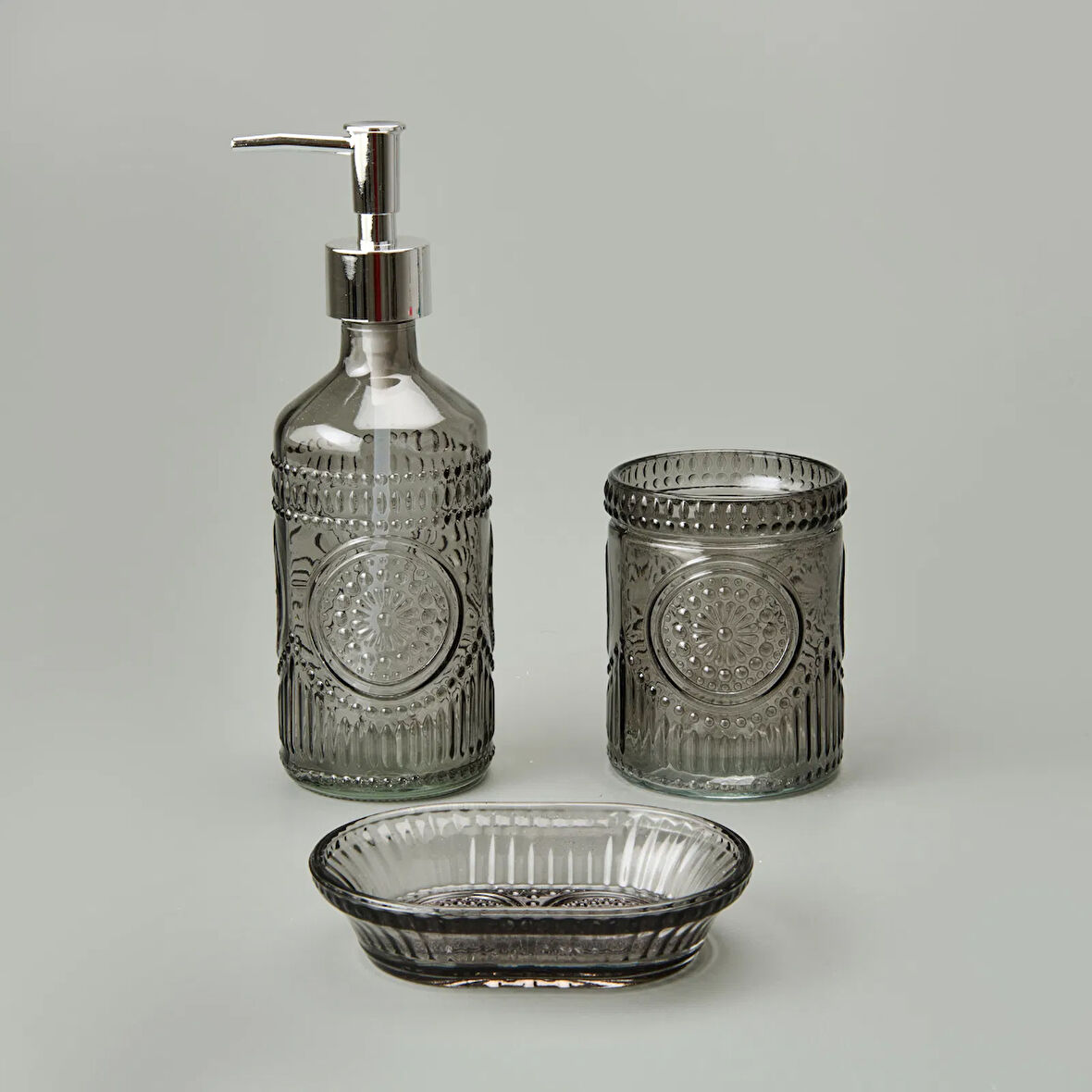 Bath 3'lü Cam Banyo Sıvı Sabunluk Seti - Antrasit