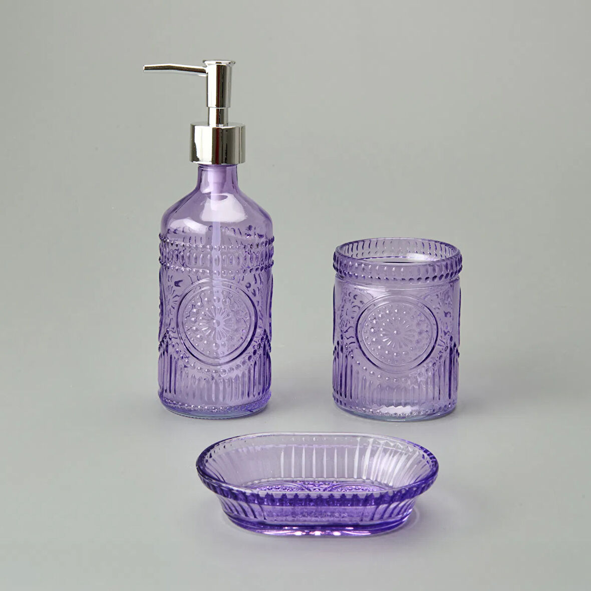 Bath 3'lü Cam Banyo Sıvı Sabunluk Seti - Mor