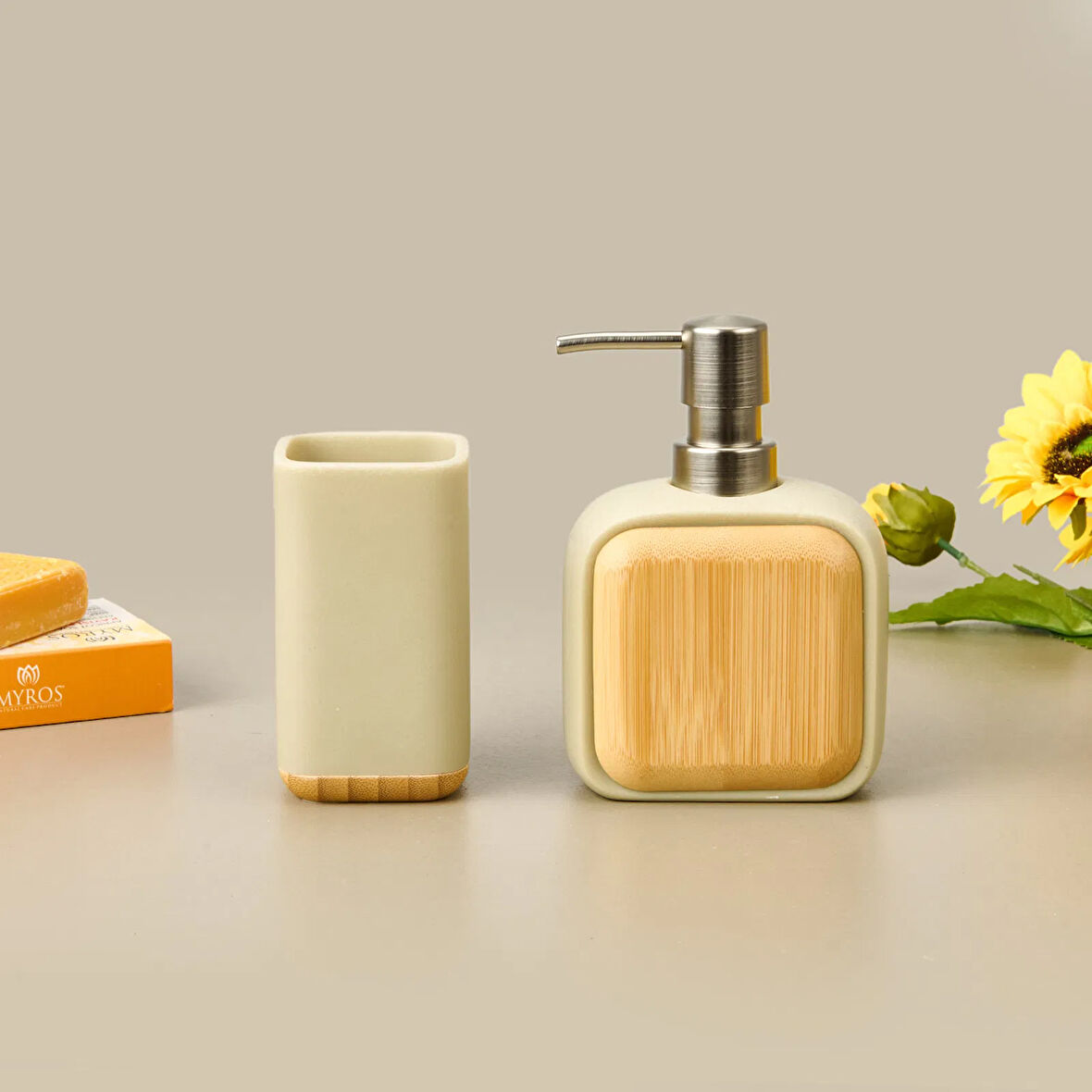 Bath Sau 2'li Banyo Sıvı Sabunluk Seti - Bej / Gri