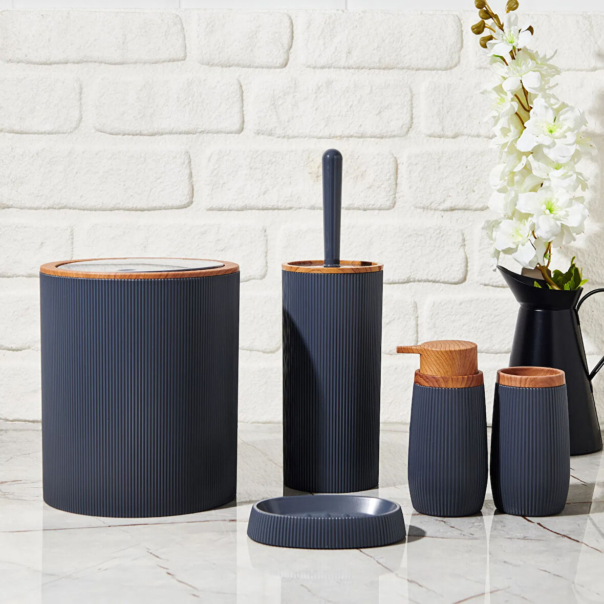 Bath Ahşap Desenli 5 li Banyo Seti - Antrasit