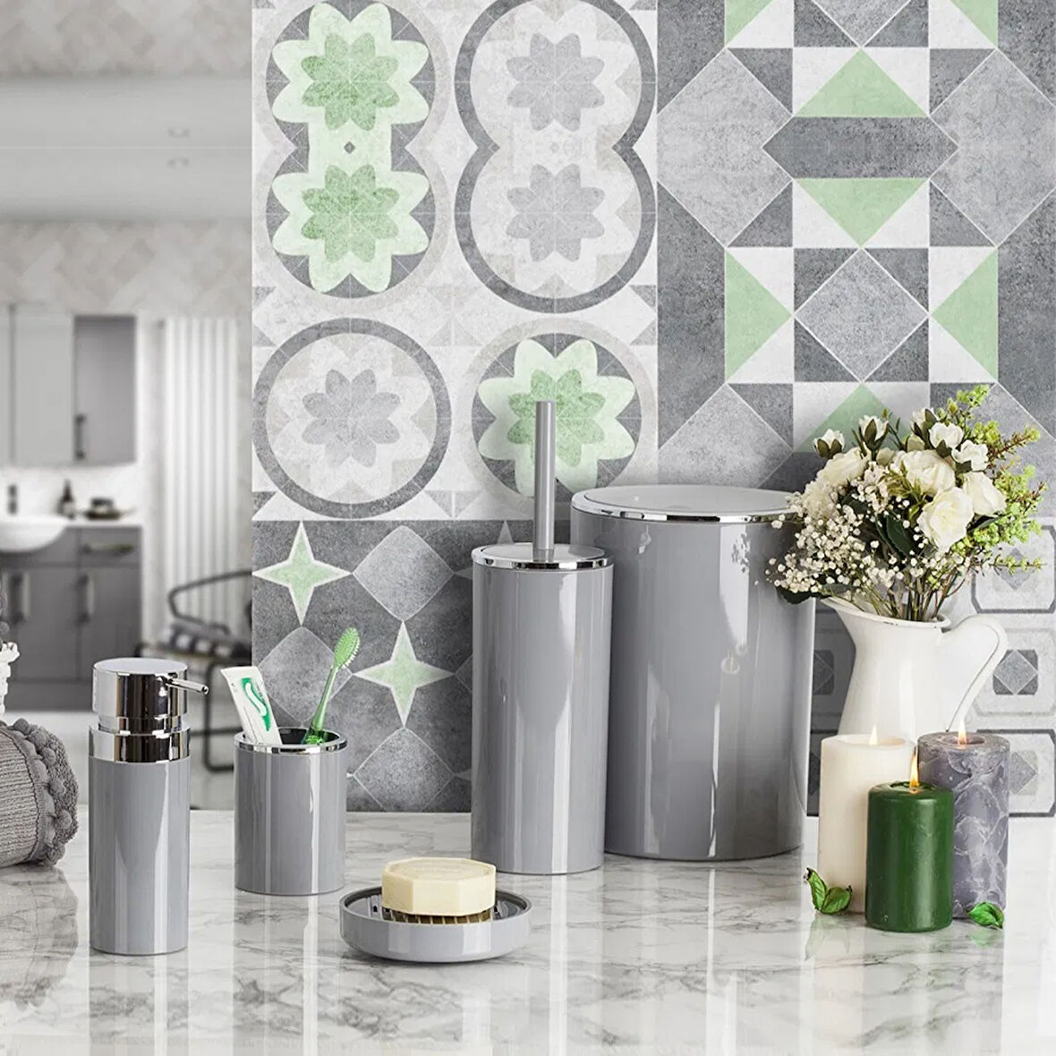 Lenox 5'li Banyo Aksesuar Set - Gri