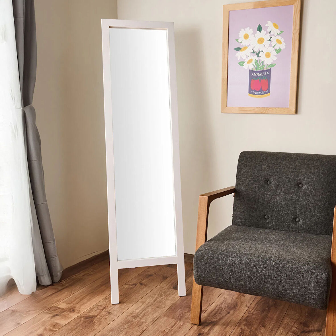 Deco Ahşap Boy Aynası - Beyaz - 160x45 cm