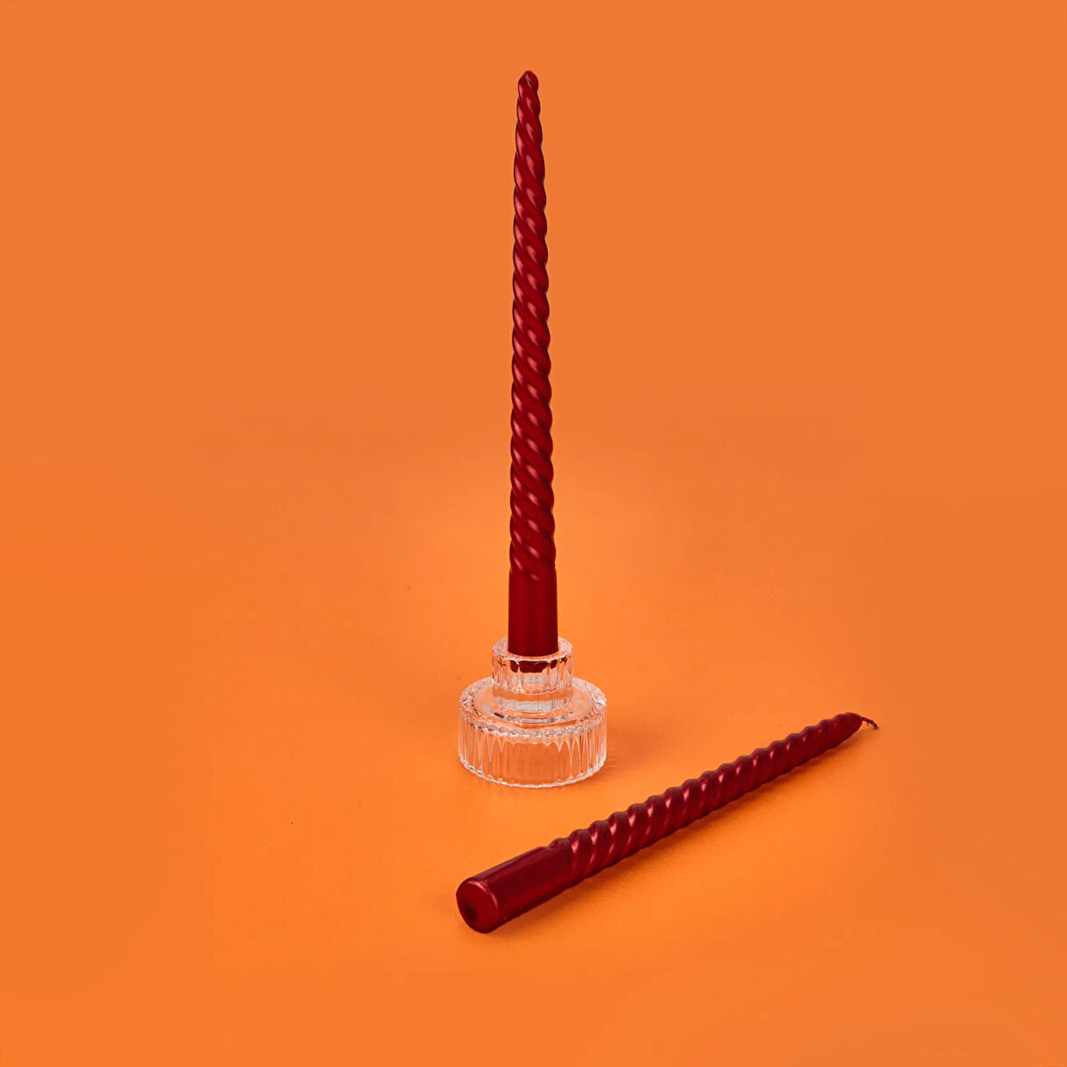 2'li Burgulu Parlak Şamdan Mumu - Metalik Bordo - 25 cm