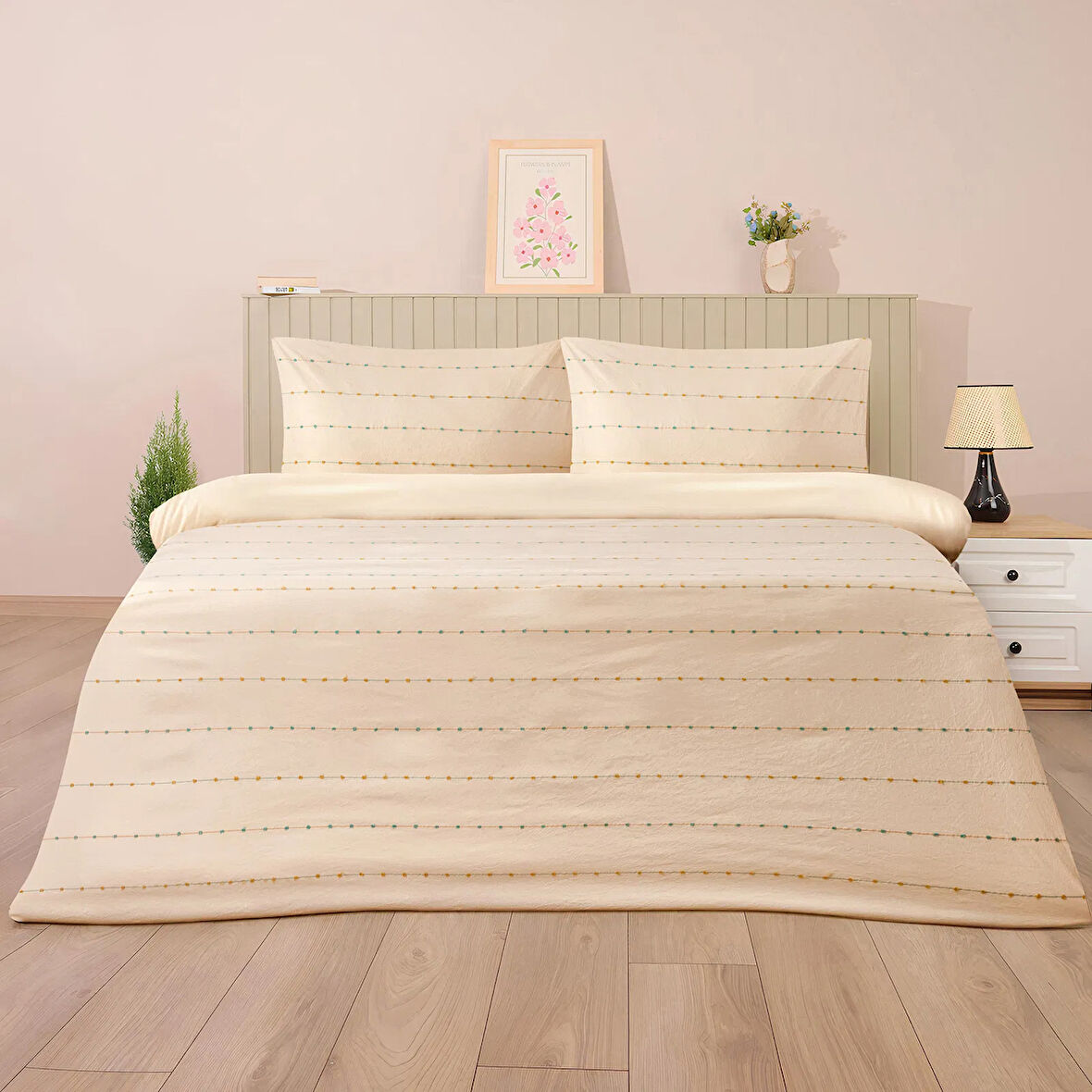 Soft Elias İpliği Boyalı Çift Kişilik Nevresim Takımı - Ekru