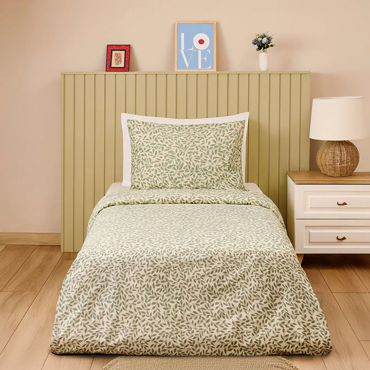 Soft Sylvara Tek Kişilik Nevresim Takımı - Ekru / Yeşil