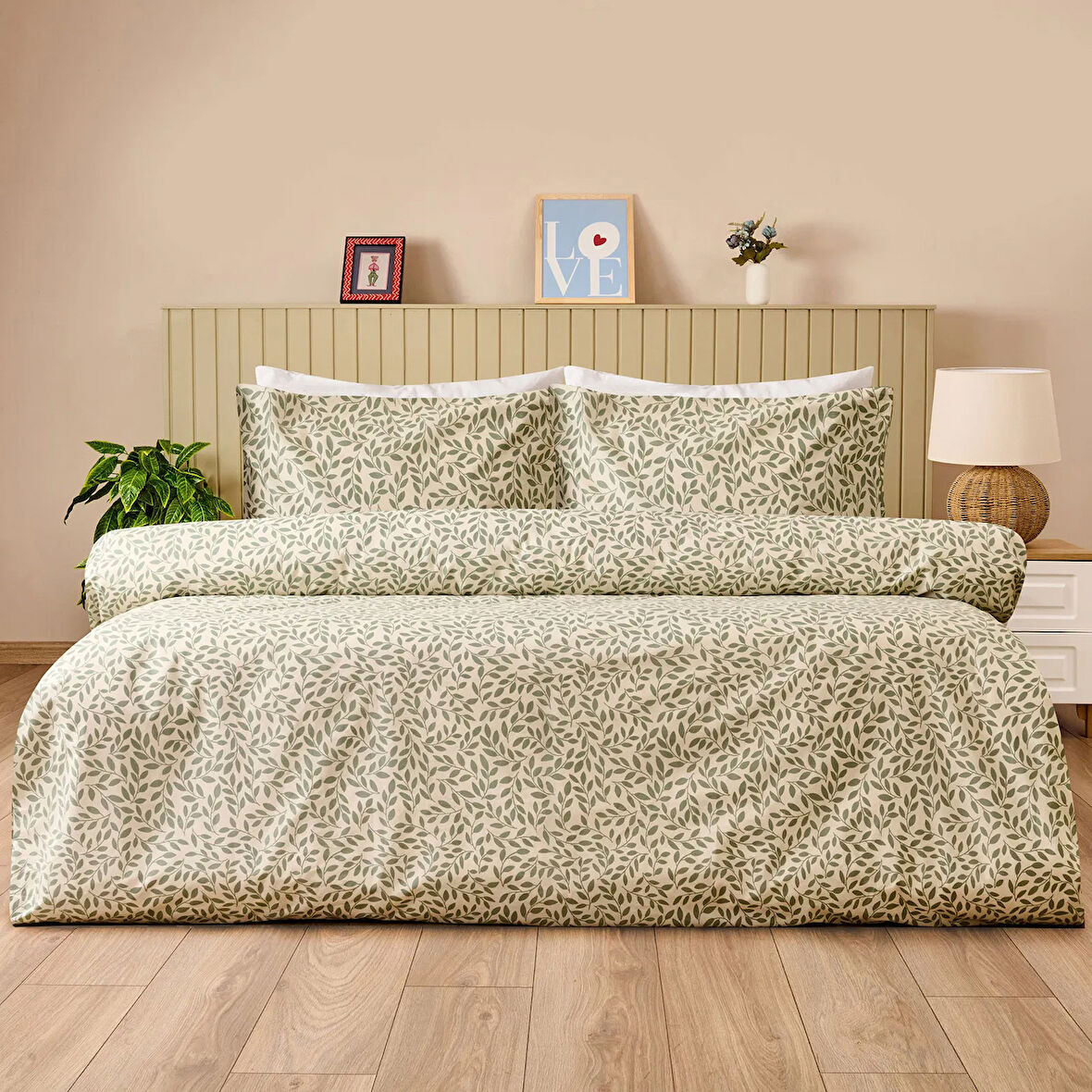 Soft Sylvara Çift Kişilik Nevresim Takımı - Ekru / Yeşil