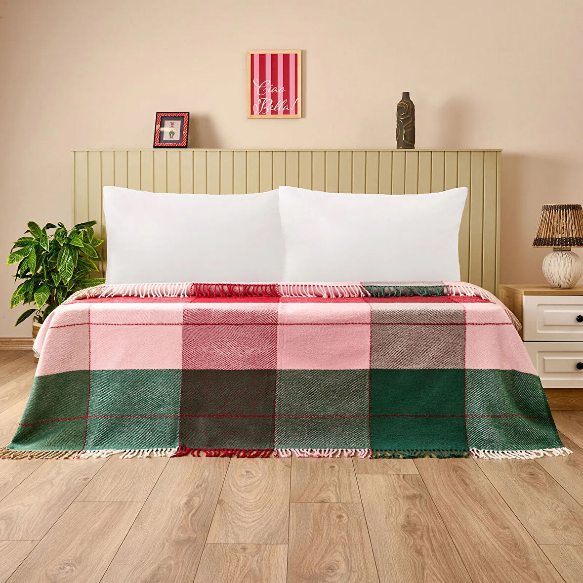 Soft Vintera Pamuklu Çift Kişilik Battaniye - Kırmızı / Yeşil - 180x220 cm