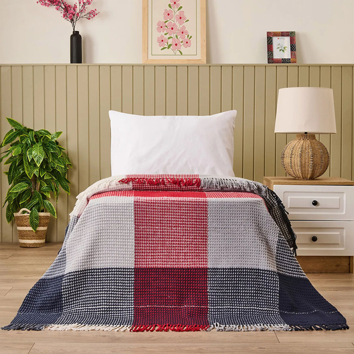 Soft Vintera Pamuklu Tek Kişilik Battaniye - Kırmızı / Lacivert - 150x200 cm