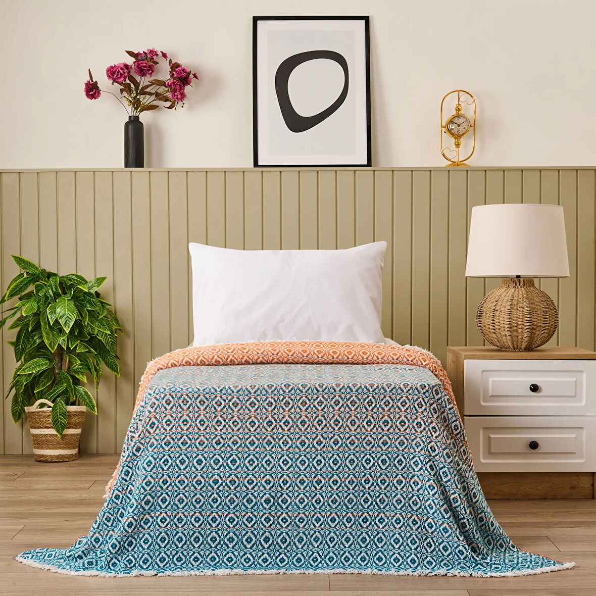 Soft Zemira Pamuklu Tek Kişilik Battaniye - Mavi / Turuncu - 150x200 cm