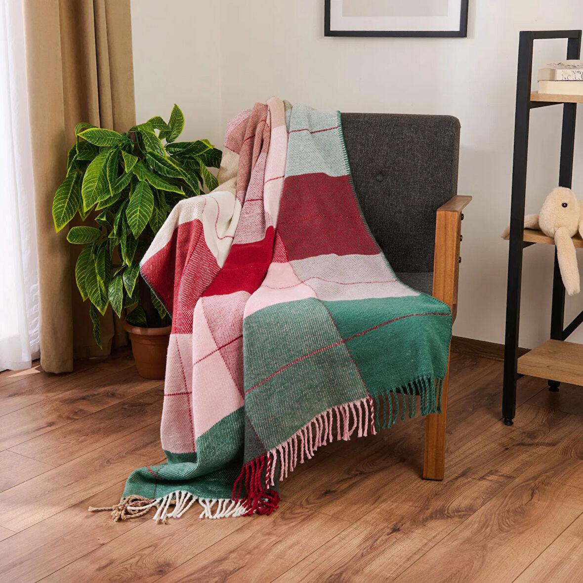 Soft Vintera Pamuklu Tv Battaniyesi - Kırmızı / Yeşil - 130x170 cm