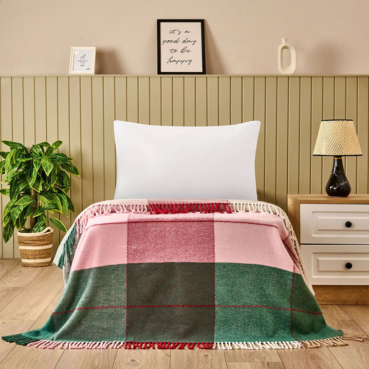 Soft Vintera Pamuklu Tek Kişilik Battaniye - Kırmızı / Yeşil - 150x200 cm