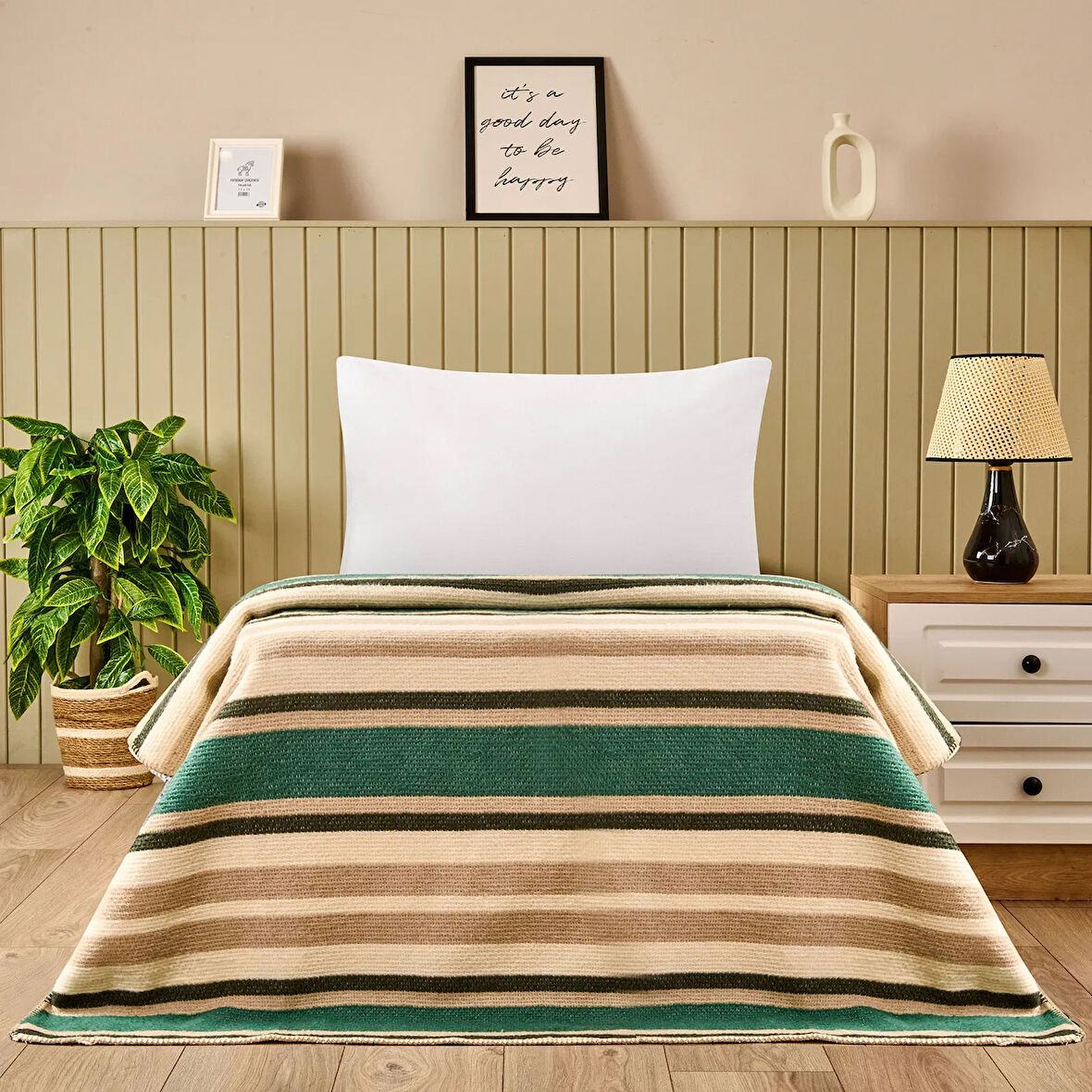 Soft Huzra Pamuklu Tek Kişilik Battaniye - Yeşil - 150x200 cm