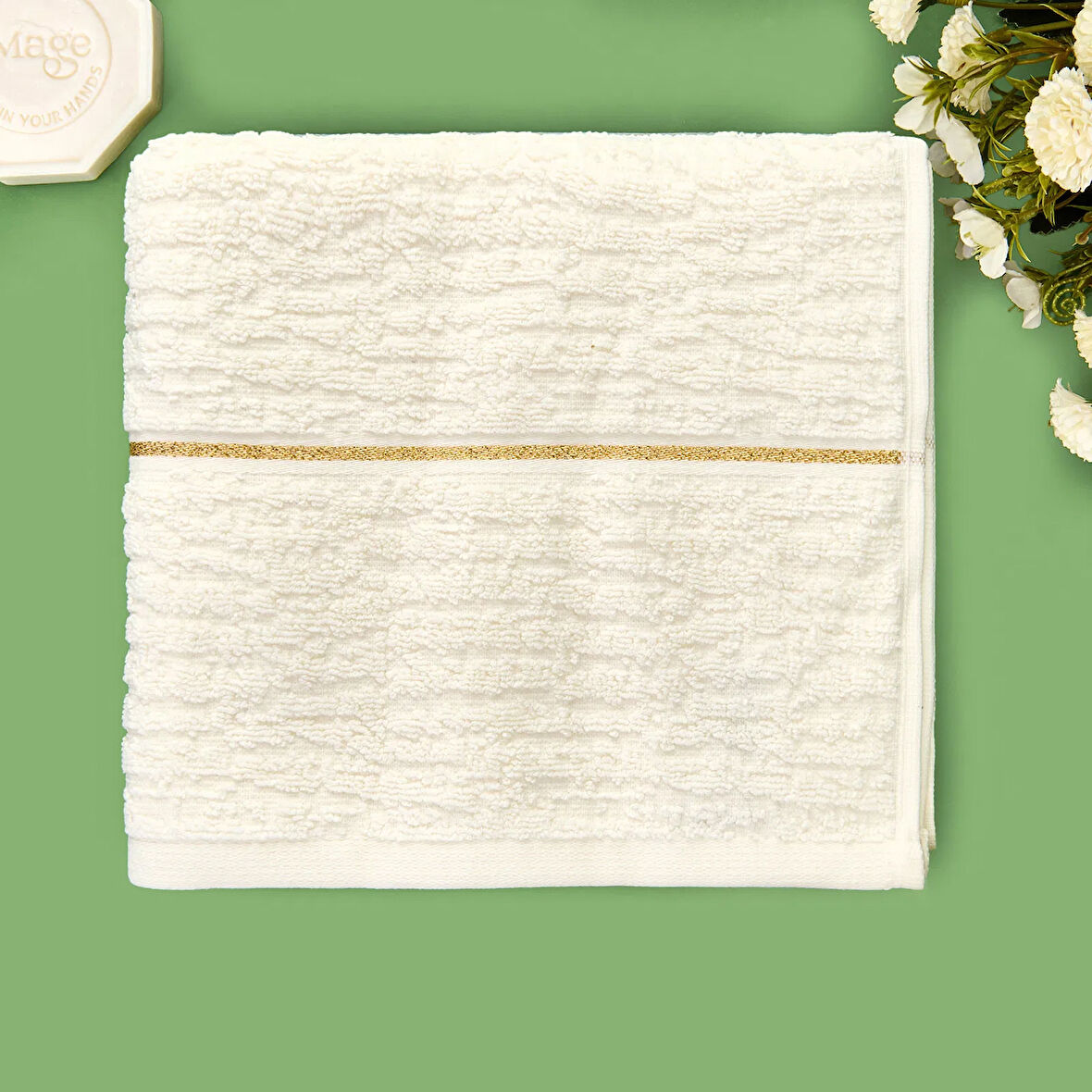 Soft Golden Star Line Yüz Havlusu - Ekru - 50x90 cm