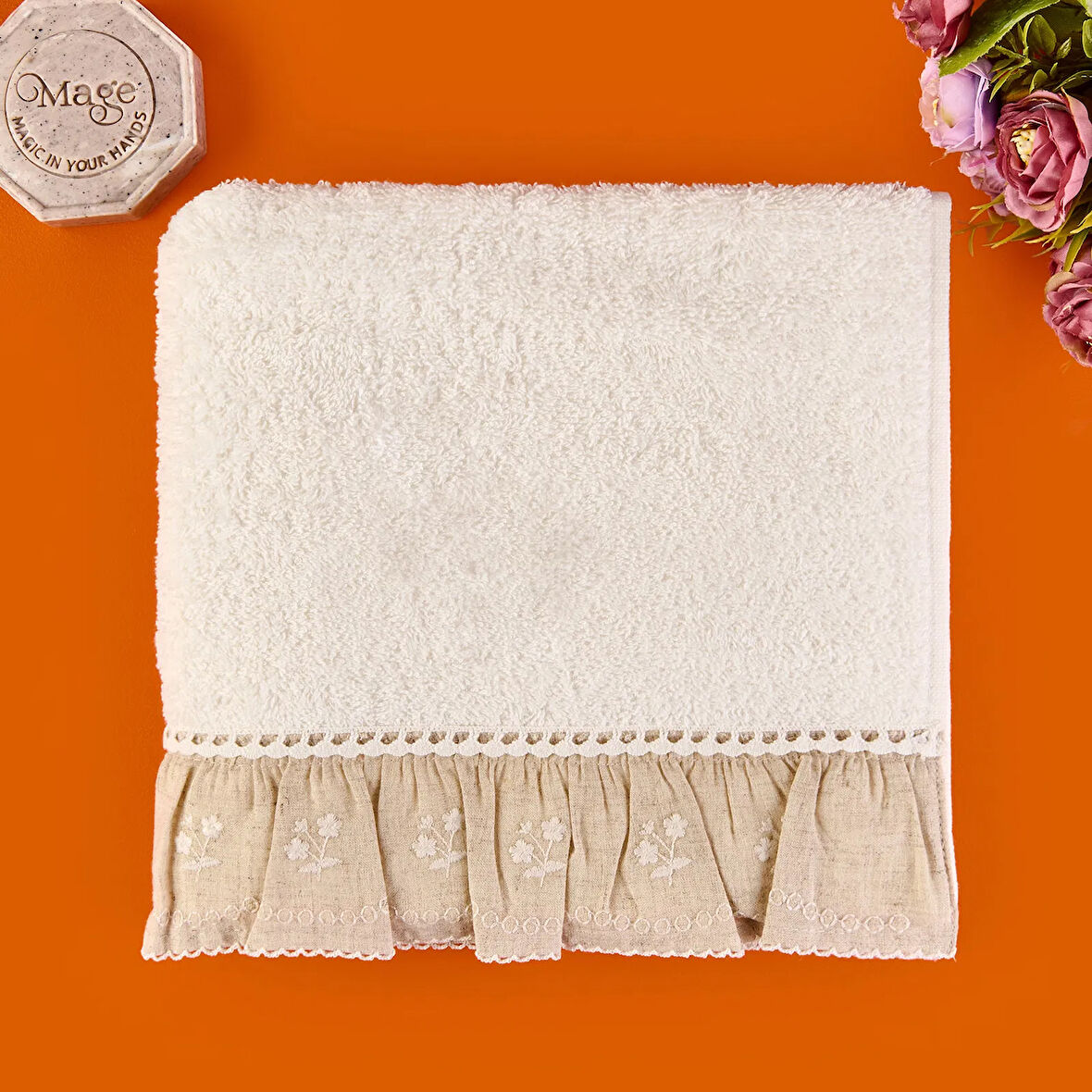 Soft French Cottage Twin Çiçek Desenli Yüz Havlusu - Ekru - 50x90 cm