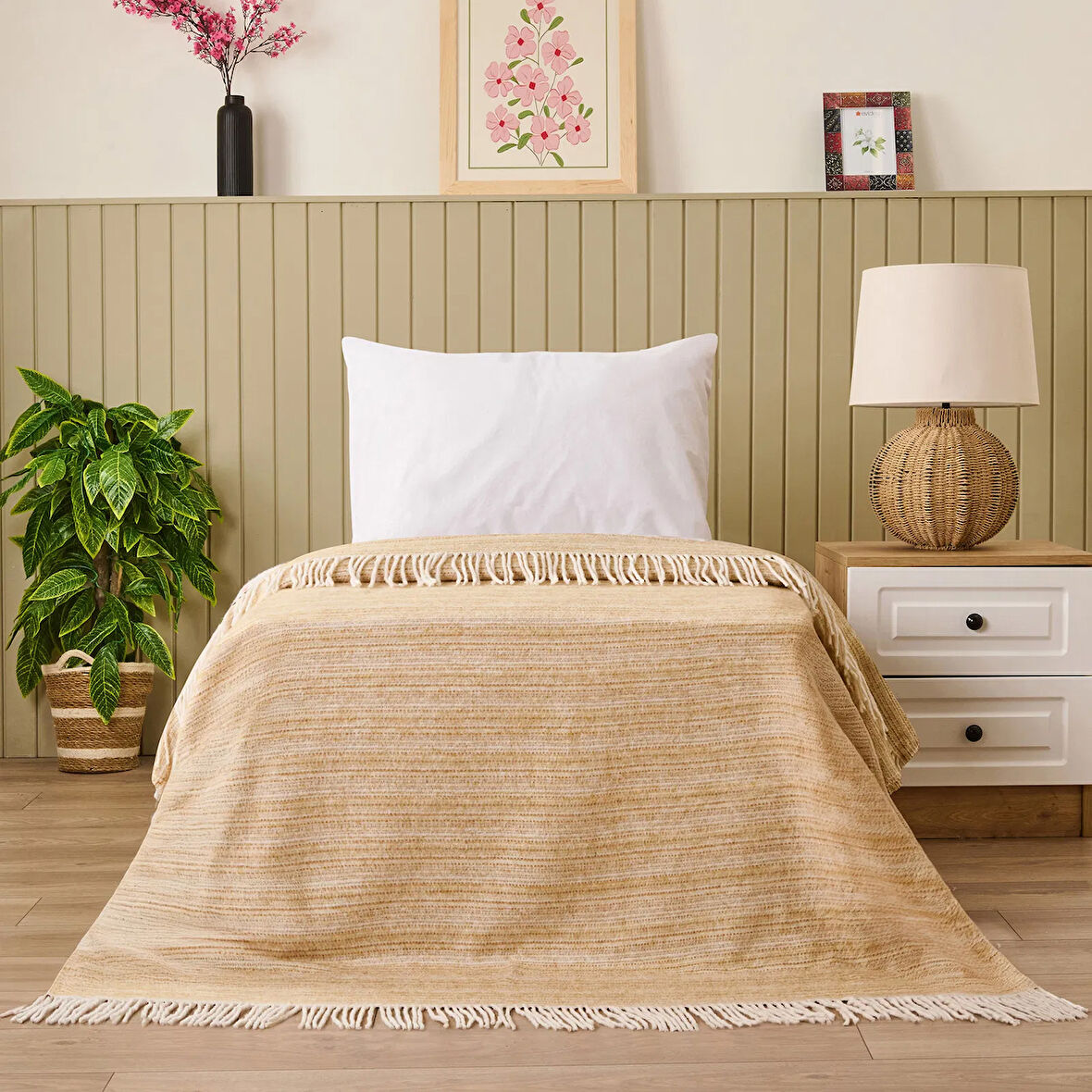 Soft Luma Pamuklu Tek Kişilik Battaniye - Bej / Krem - 150x200 cm