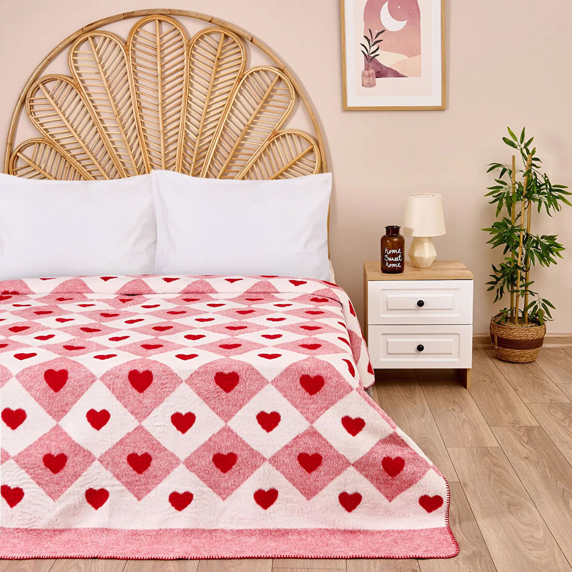 Soft Kalpli Pamuklu Çift Kişilik Battaniye - Kırmızı - 200x220 cm