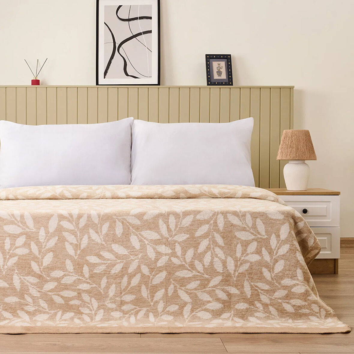 Soft Sprig Pamuklu Çift Kişilik Battaniye - Bej - 200x220 cm