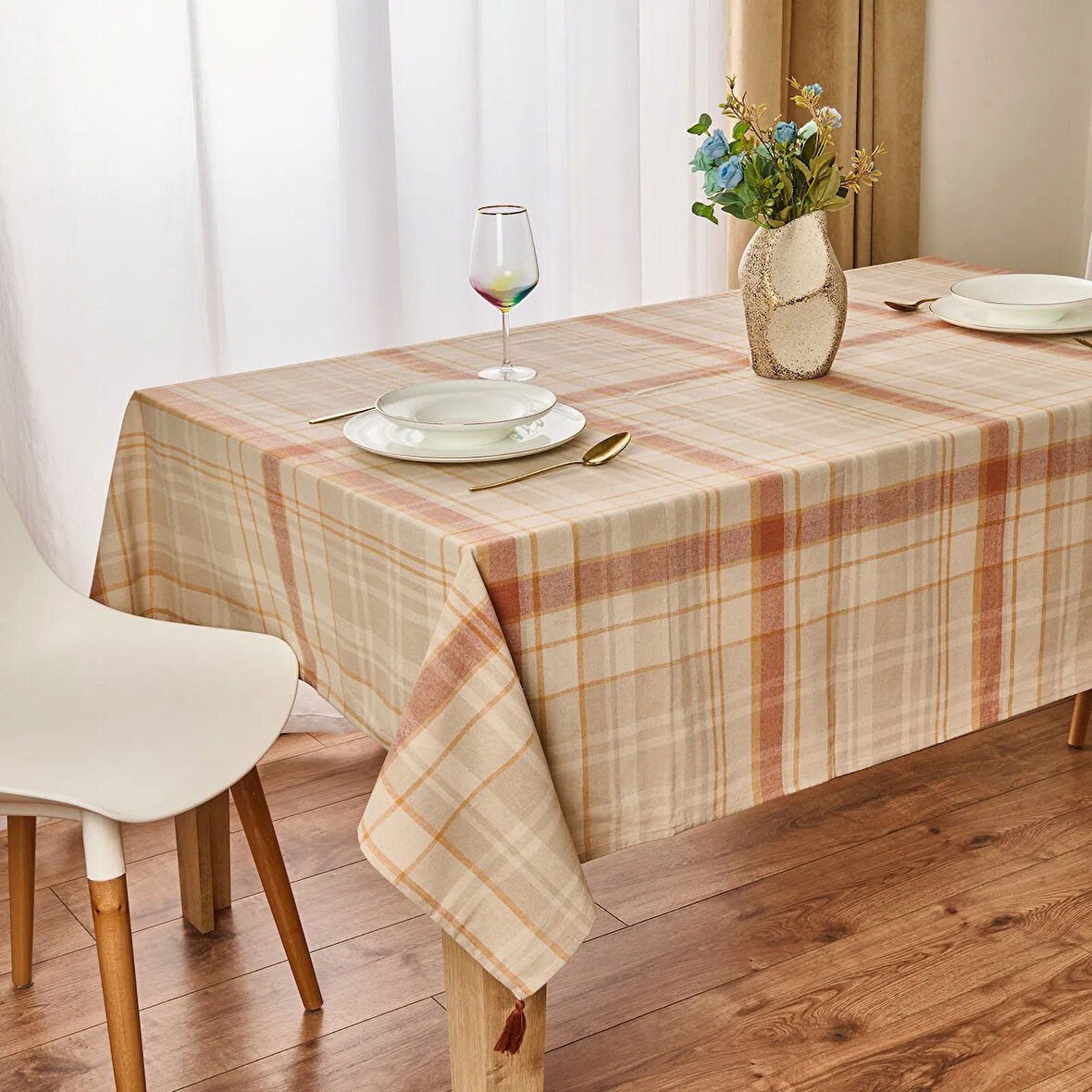 Ekose Masa Örtüsü - Ekru / Kiremit - 150x200 cm