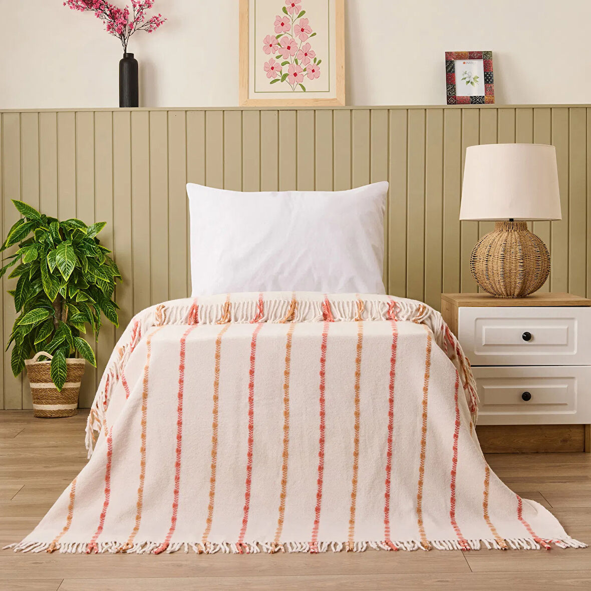 Soft Elvia Pamuklu Tek Kişilik Battaniye - Krem - 150x200 cm