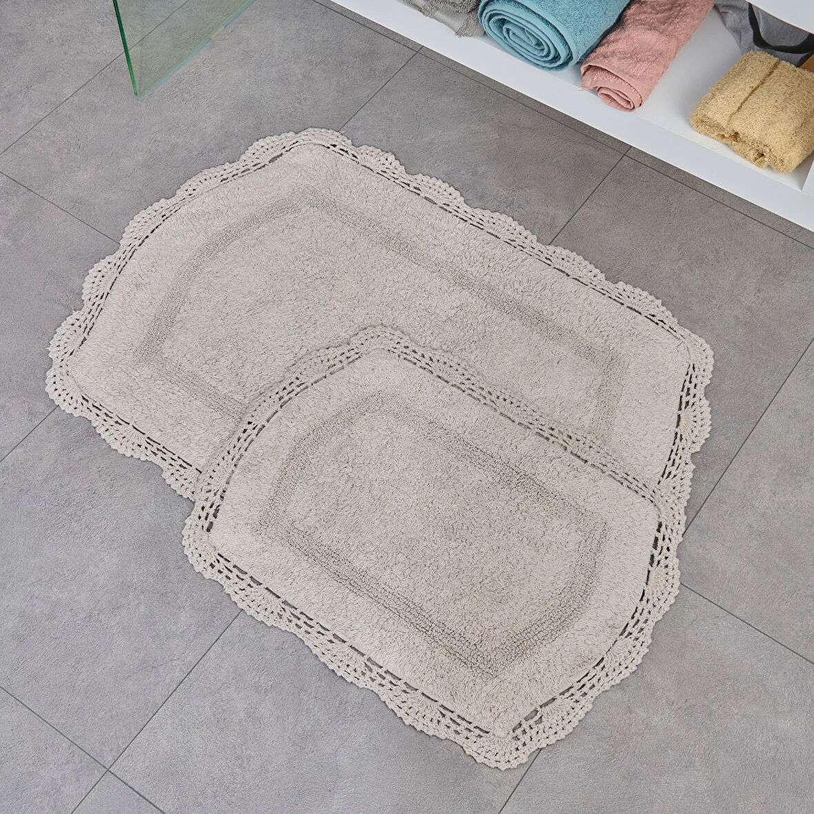 Soft Lace 2'li Banyo Paspası - Gri - 40x60 cm + 60x90 cm
