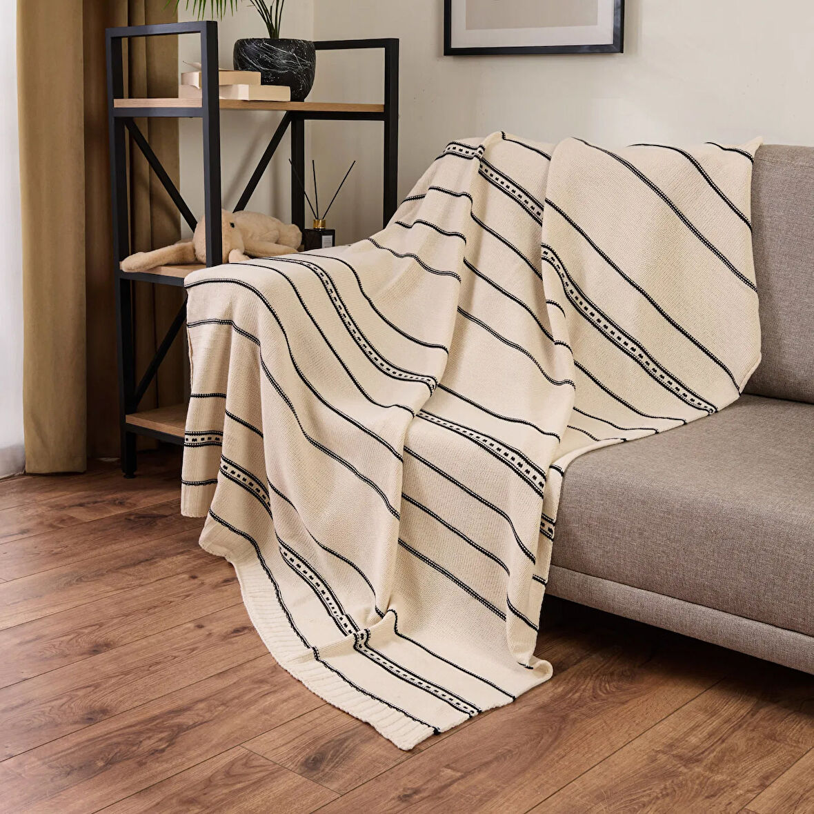 Soft Çizgili Triko Koltuk Şalı - Ekru - 120x160 cm