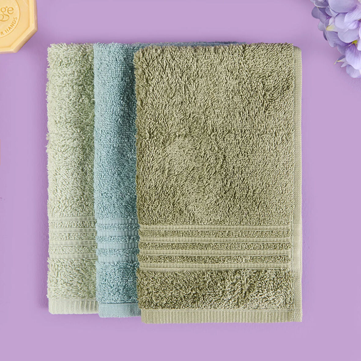 Soft Samantha 3'lü Havlu Seti - Mint / Haki / Mavi - 30x50 cm