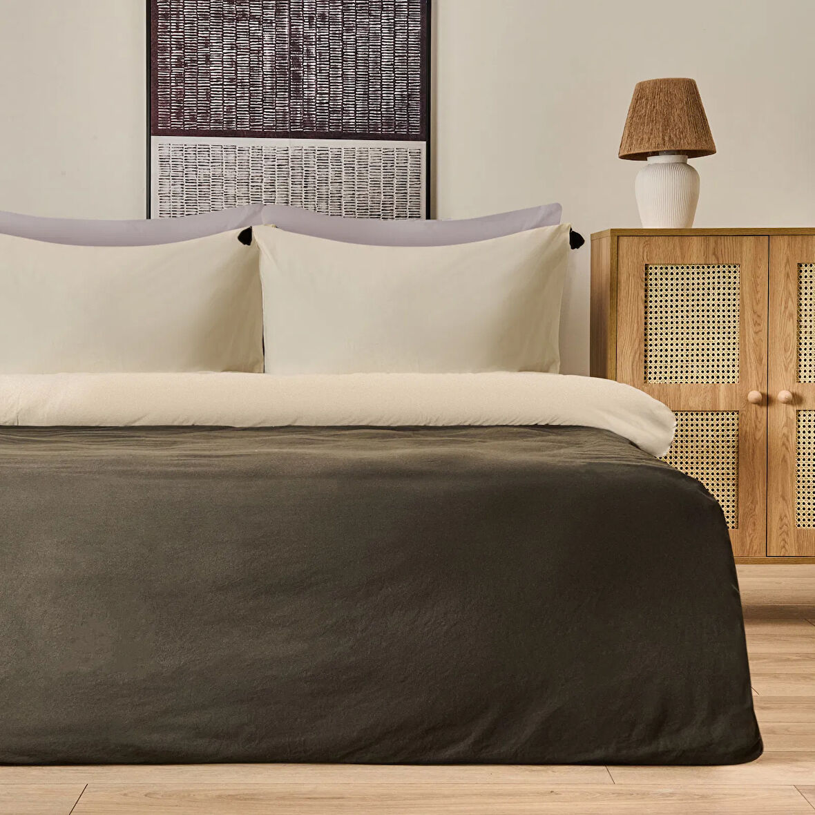 Soft Colorful Çift Kişilik Nevresim Takımı - Krem / Antrasit