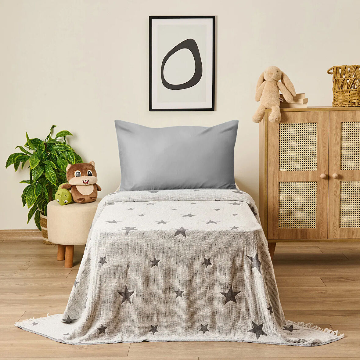 Soft Star Çift Taraflı Çocuk Pikesi - Gri - 160x220 cm