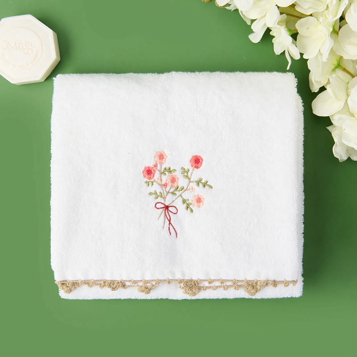 Soft Granny Summer Çiçek Nakışlı Yüz Havlusu - Ekru - 50x90 cm