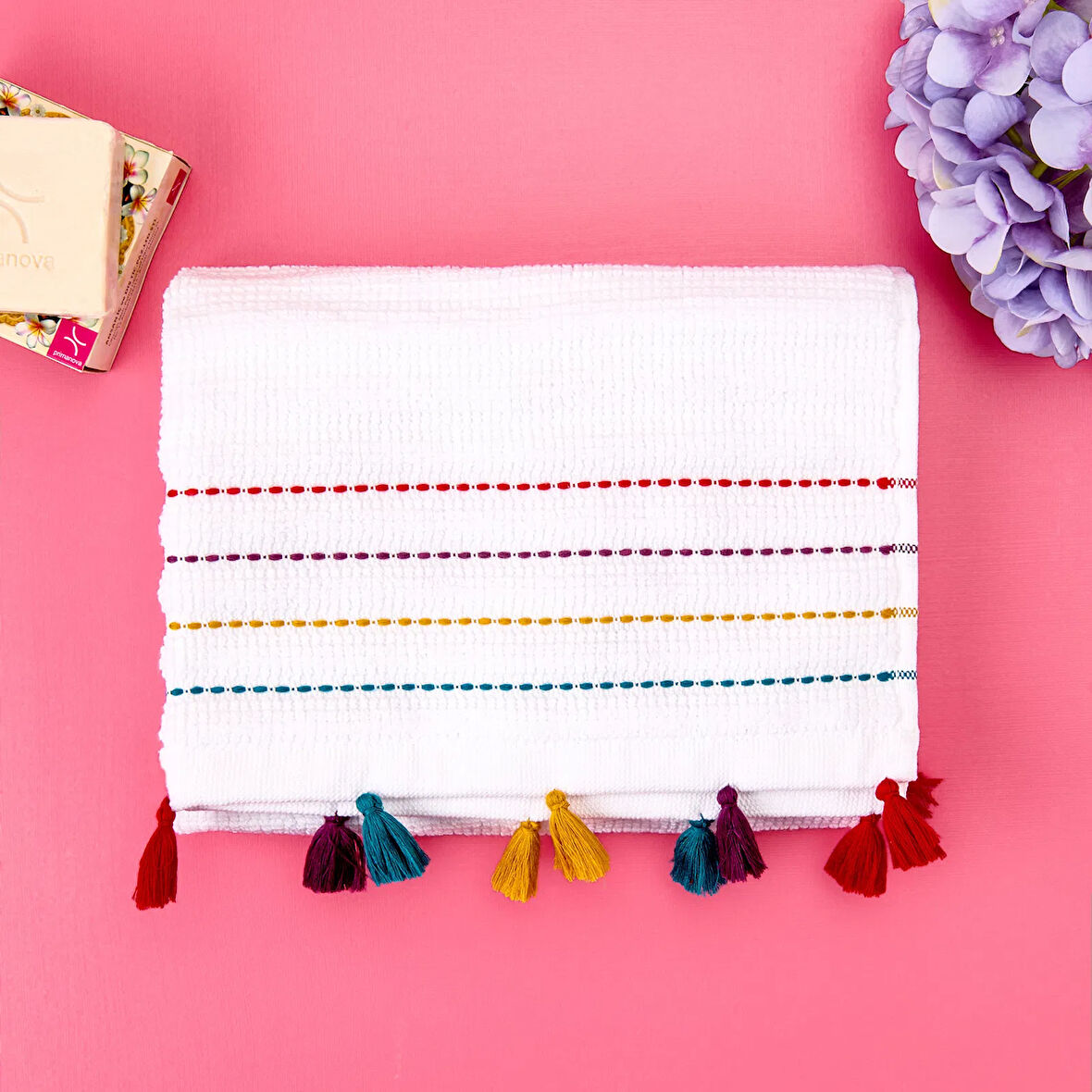 Soft Püsküllü Yüz Havlusu - Beyaz / Renkli - 50x90 cm